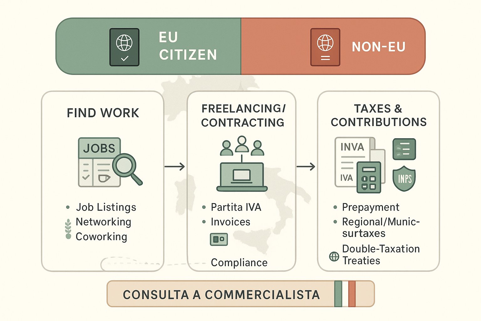Infografica che mostra regole sui visti, ricerca lavoro, passi per freelancing e tasse in Italia.