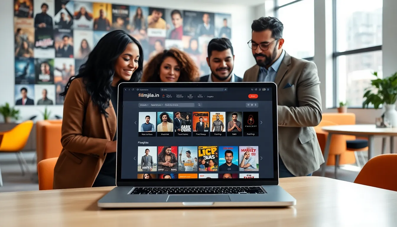professionals discussing film streaming on a laptop in a modern office.