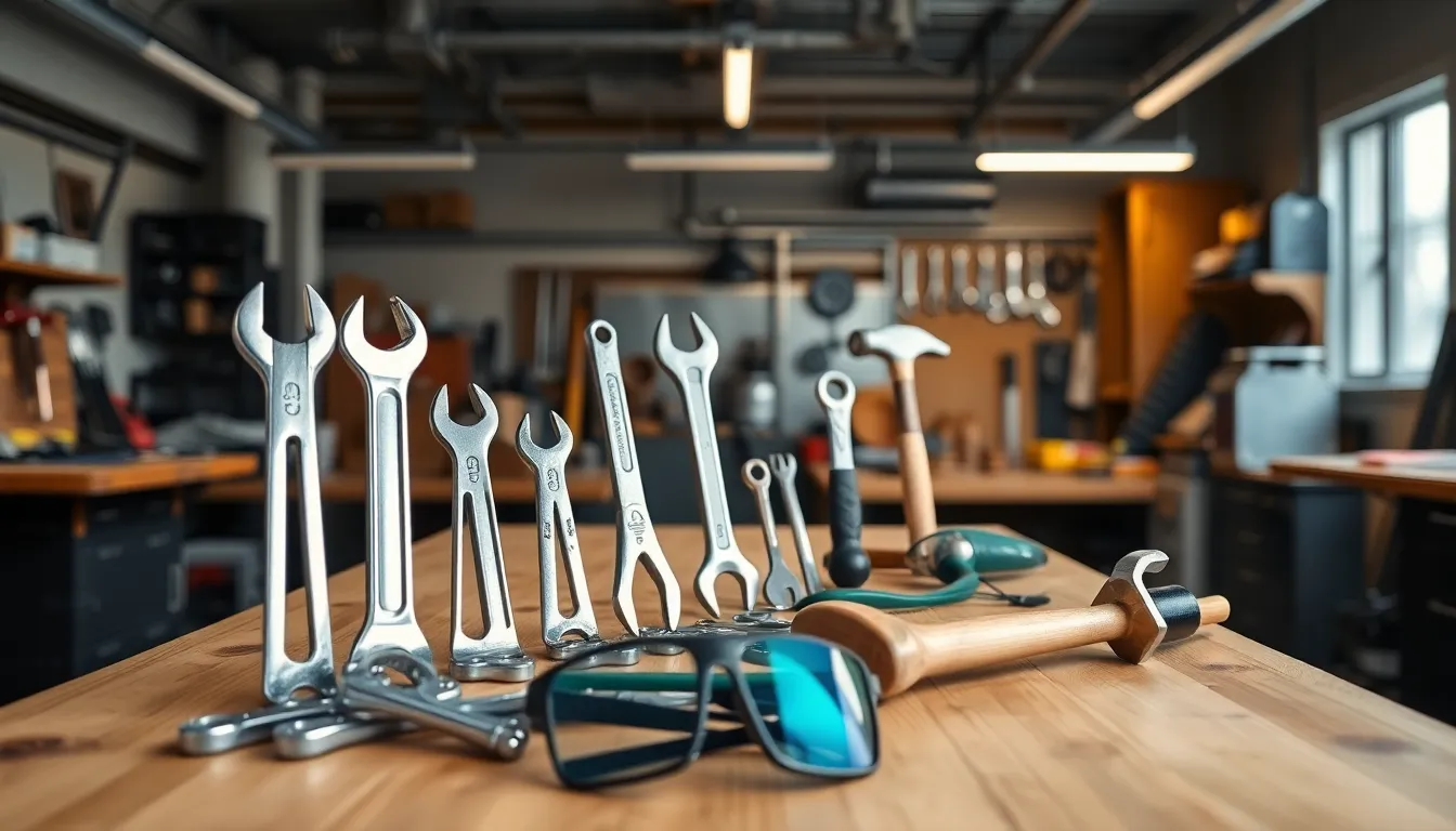 a variety of hand tools arranged on a workbench in a workshop.