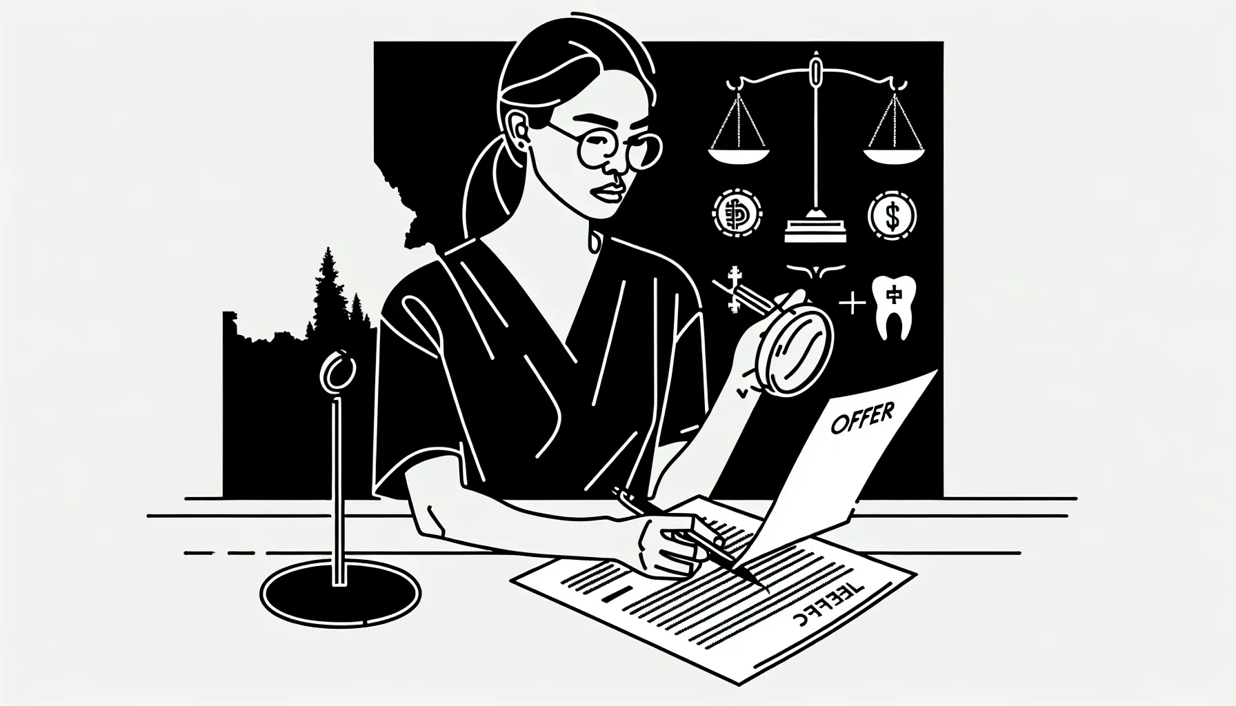 Dentist at desk closely reviewing a contract with legal and compensation icons of Idaho Dental Contract Review.