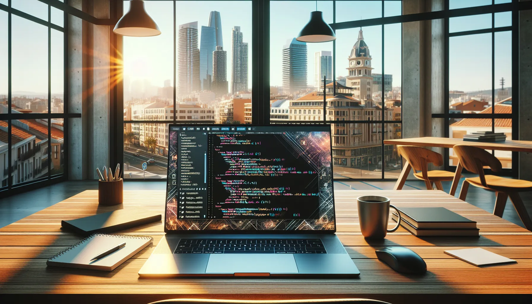 A laptop with highlighted `useMemo` code, set in a modern workspace.