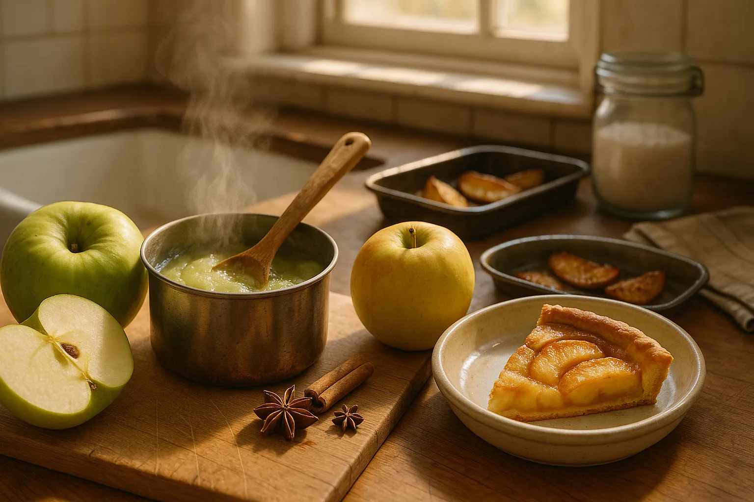 Two apples and their cooked results: smooth Bramley sauce and chunky Newton Wonder pie.