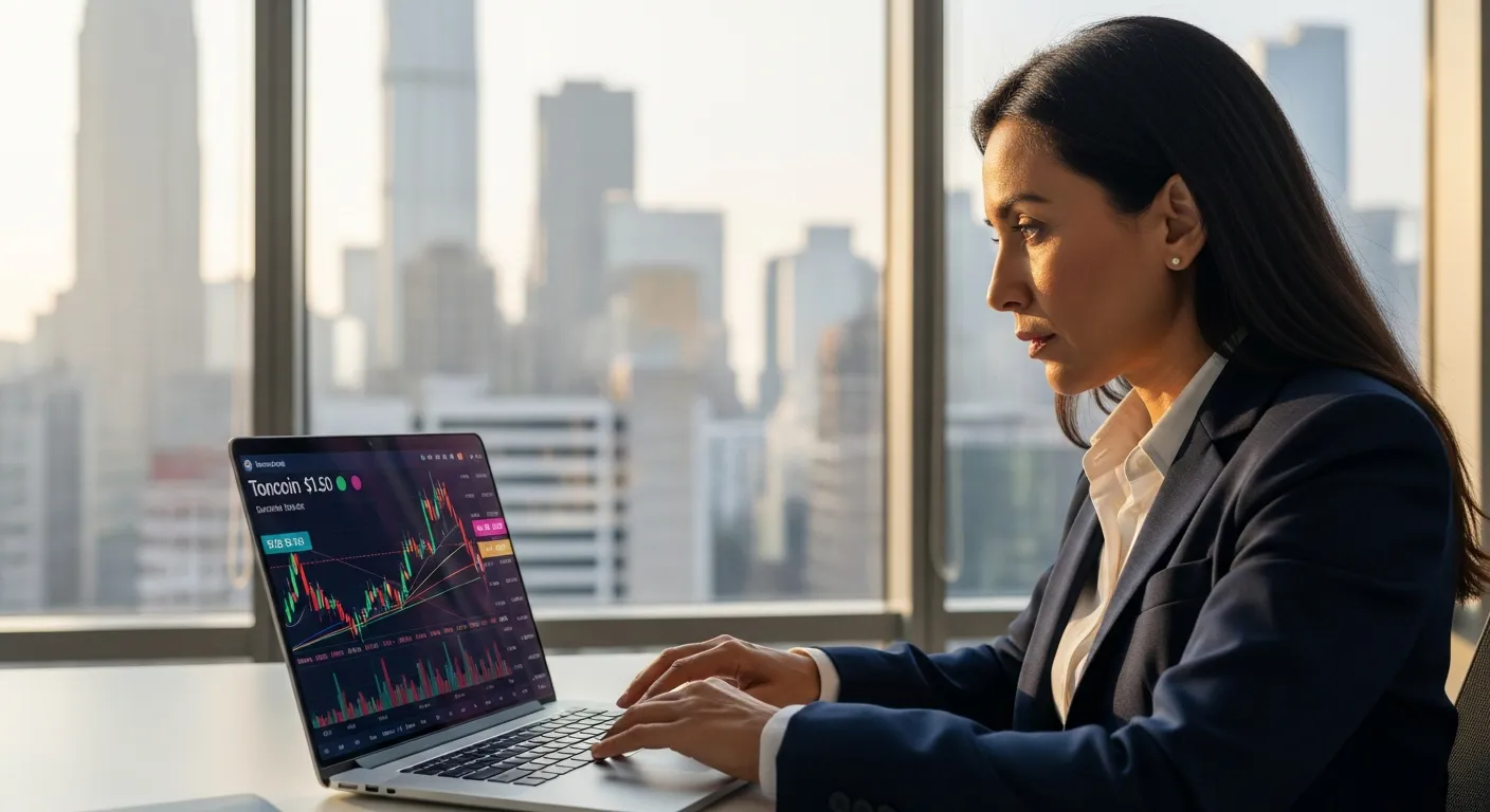 financial analyst reviewing Toncoin charts in a modern office setting.