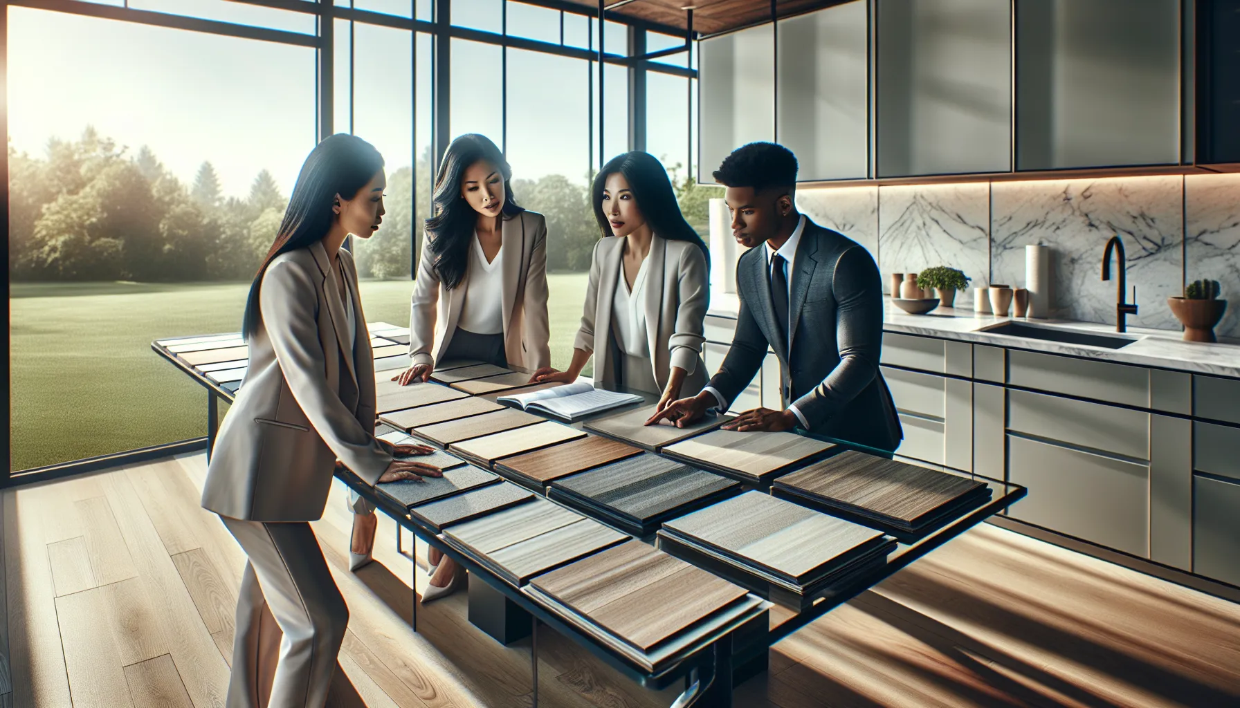 professionals discussing Pergo flooring options in a modern kitchen.
