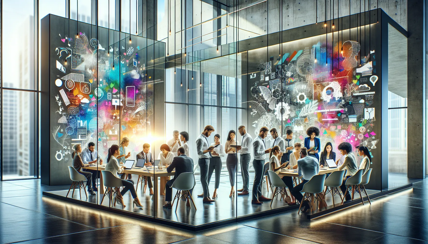 diverse team brainstorming creative concepts in a modern workspace.