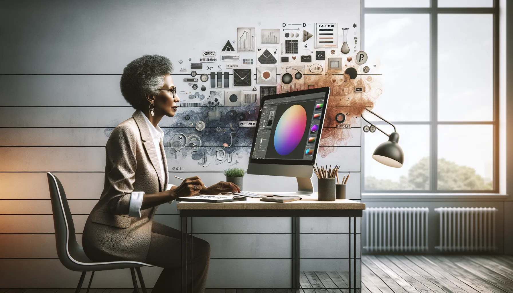 designer showcasing grayoffsetback technique at a modern workstation.