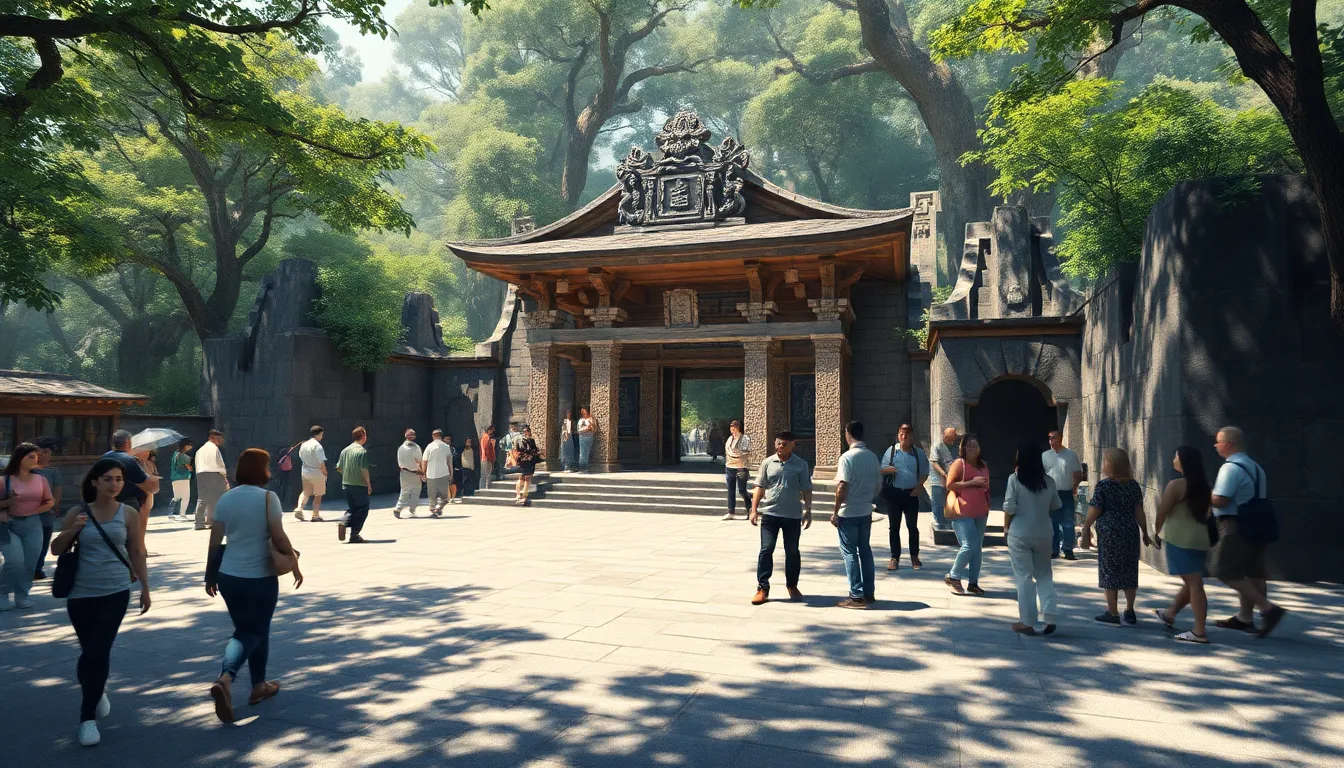 Visitors exploring the historic Saas Kosah Shrine surrounded by nature.