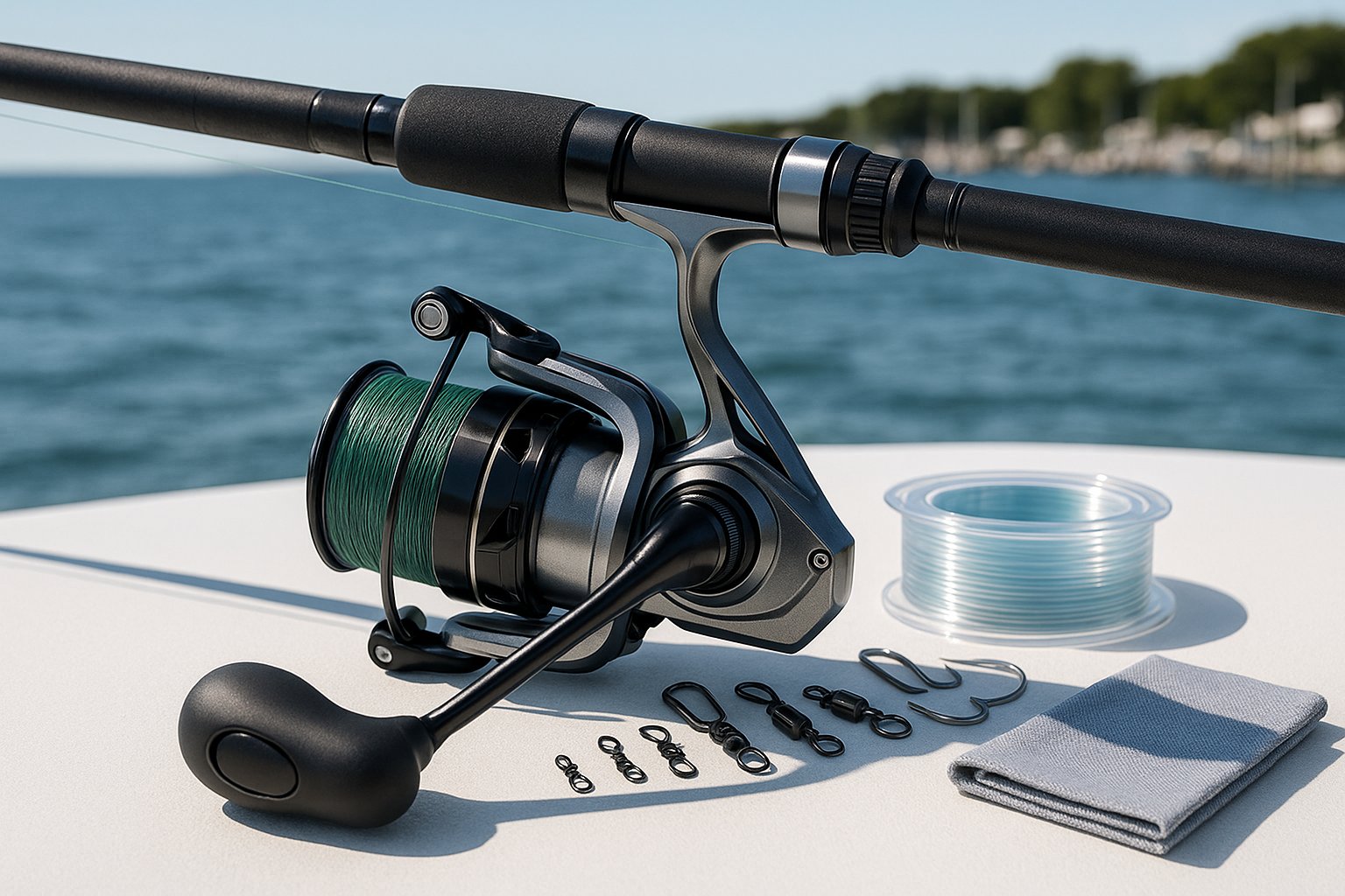 Saltwater spinning reel setup on a rod with tackle by the coast.