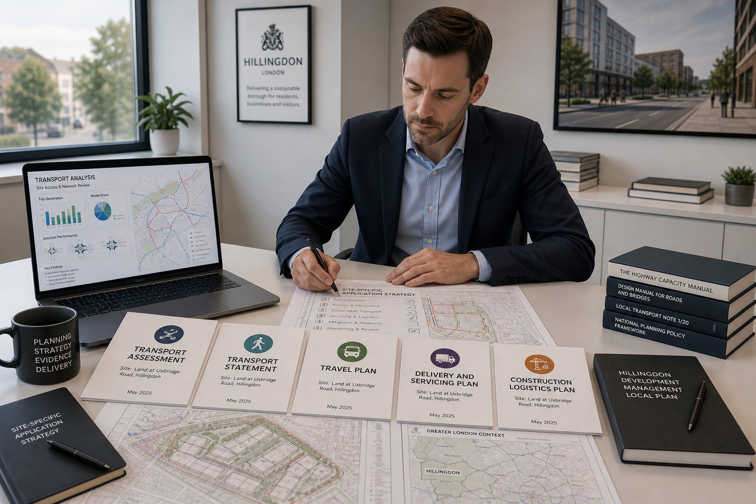 Traffic engineer reviewing transport planning documents in a modern UK office.