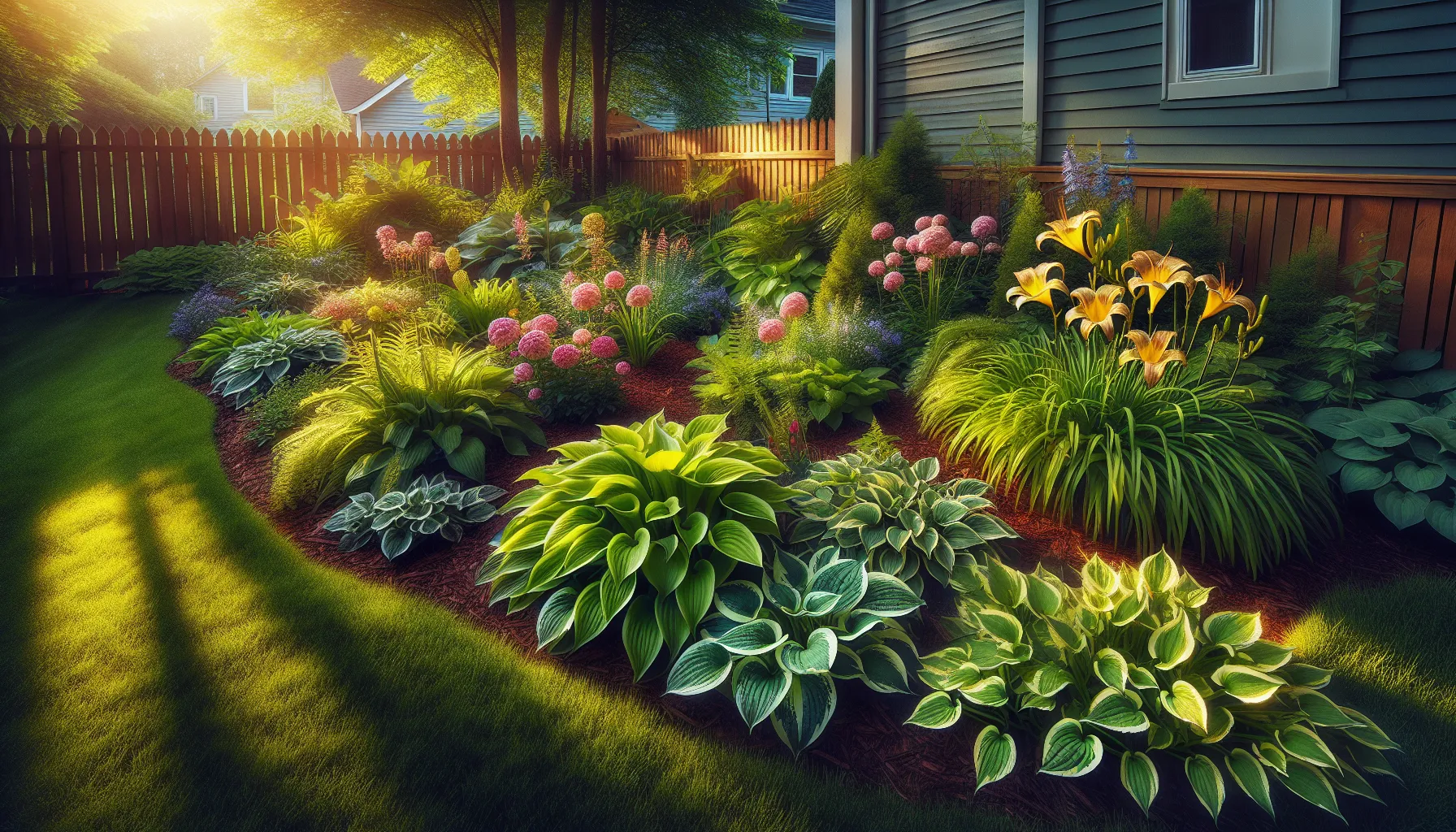 A garden featuring vibrant daylilies, hostas, and peonies in bloom.