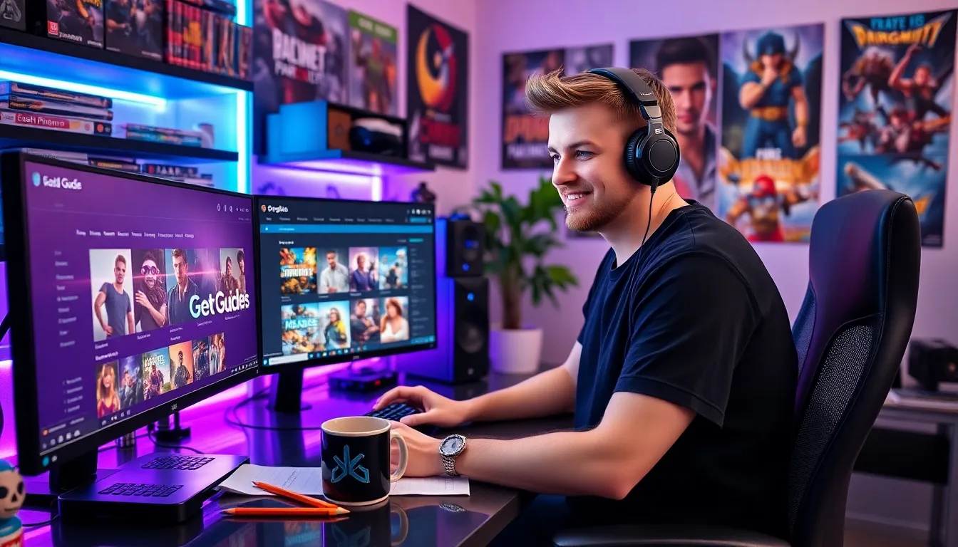 Benjamin Pearce at his gaming desk surrounded by guides and collectibles.