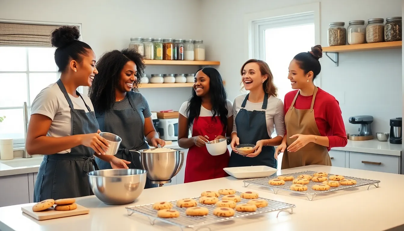 diverse friends baking cookies in a warm, inviting kitchen.