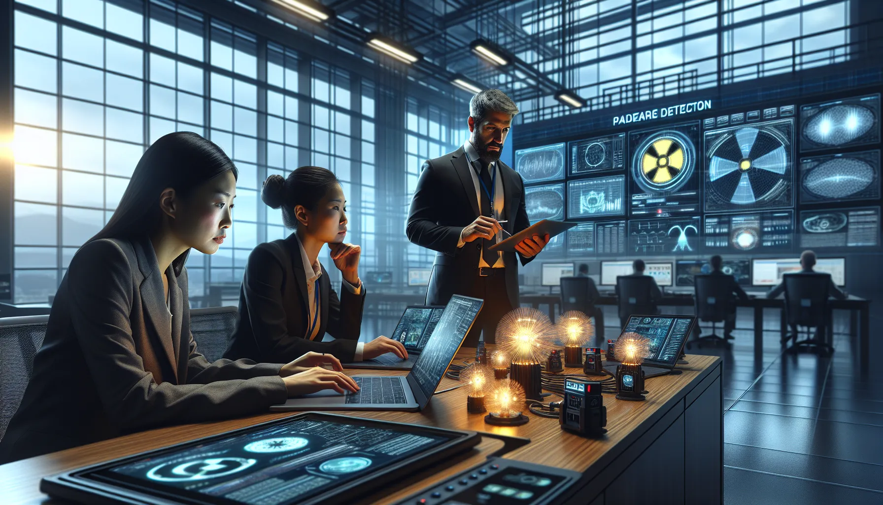 diverse team analyzing nuclear detection technology in a modern office.