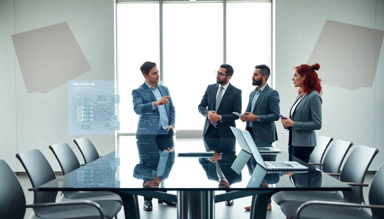 diverse team discussing digital communication in a modern office.