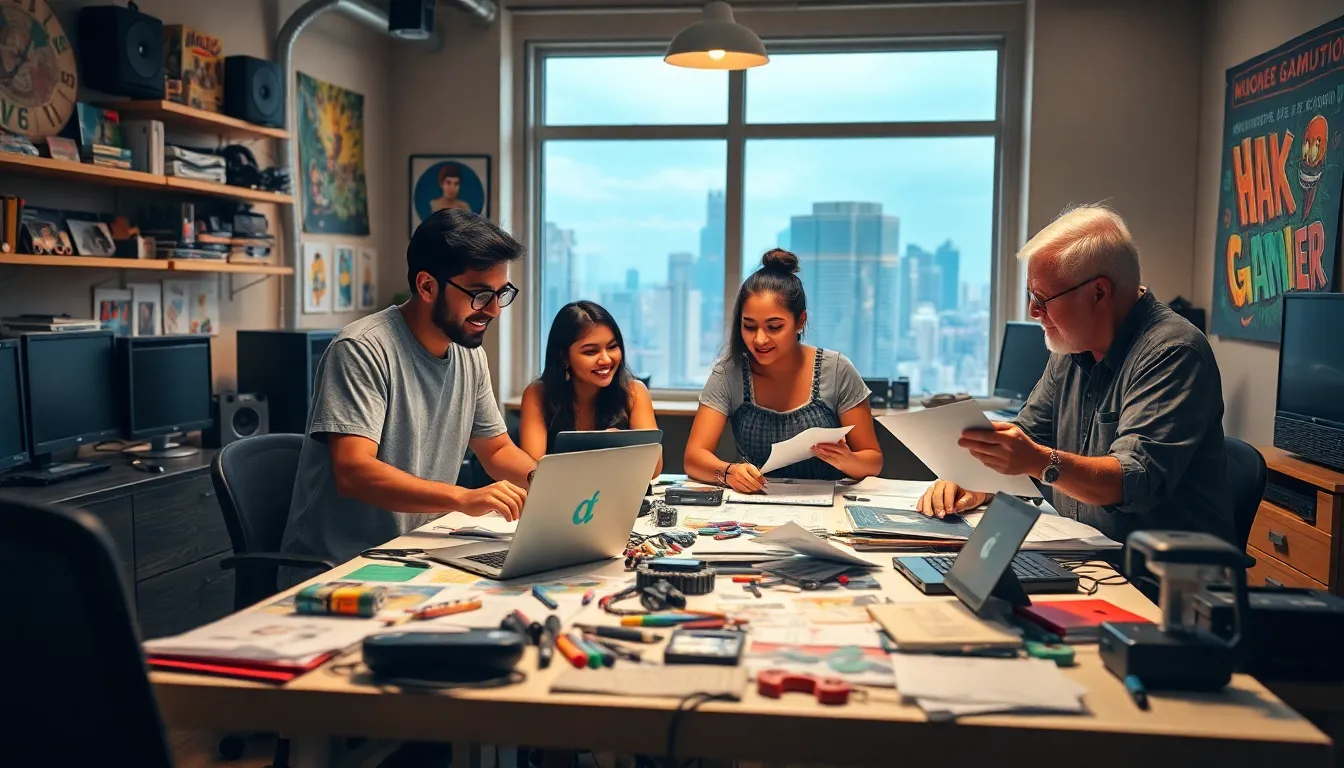 game developers collaborating in a creative studio filled with gaming memorabilia.
