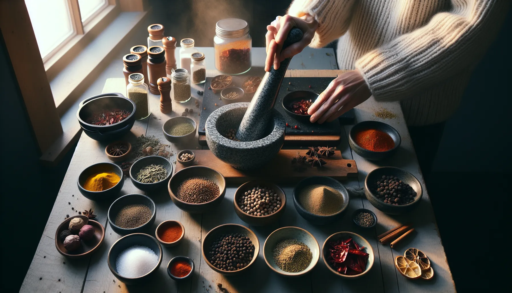 Norwegian kitchen scene grinding toasted spices beside jars and seasonings.