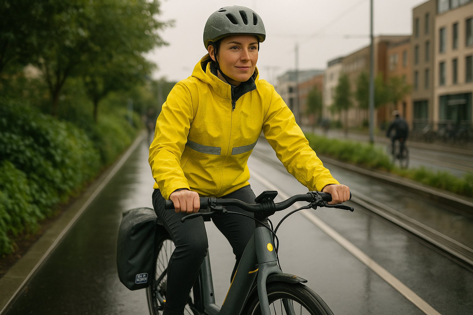 A commuter on a yellow‑accent electric bike riding a wet Irish greenway.