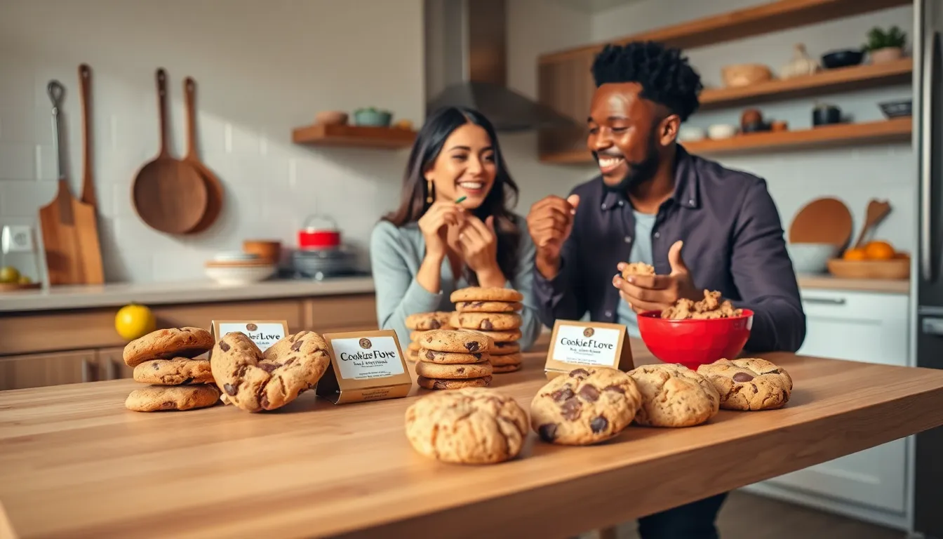 diverse individuals enjoying homemade cookies in a stylish kitchen.