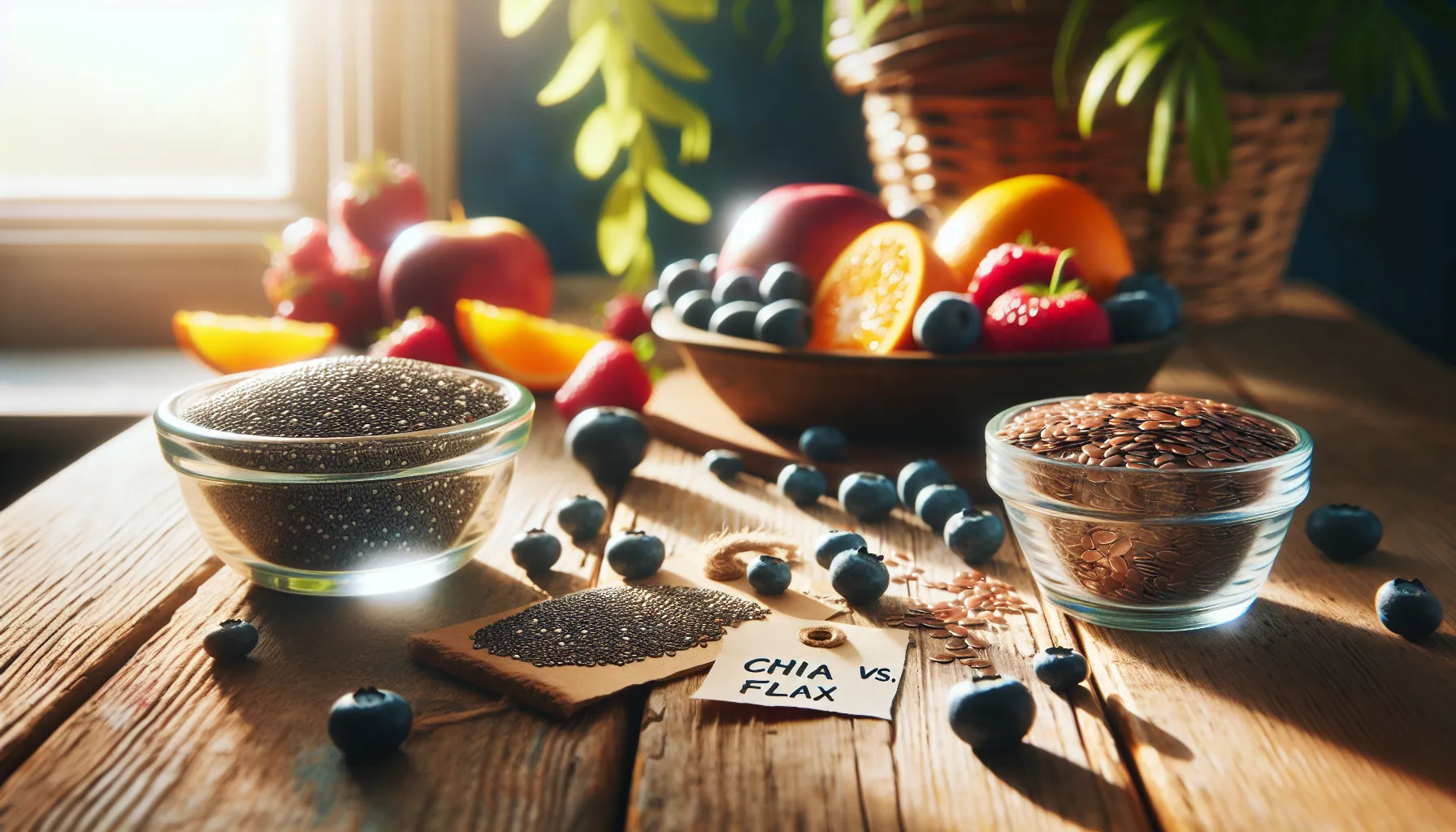 chia and flax seeds on a wooden table with fruits.