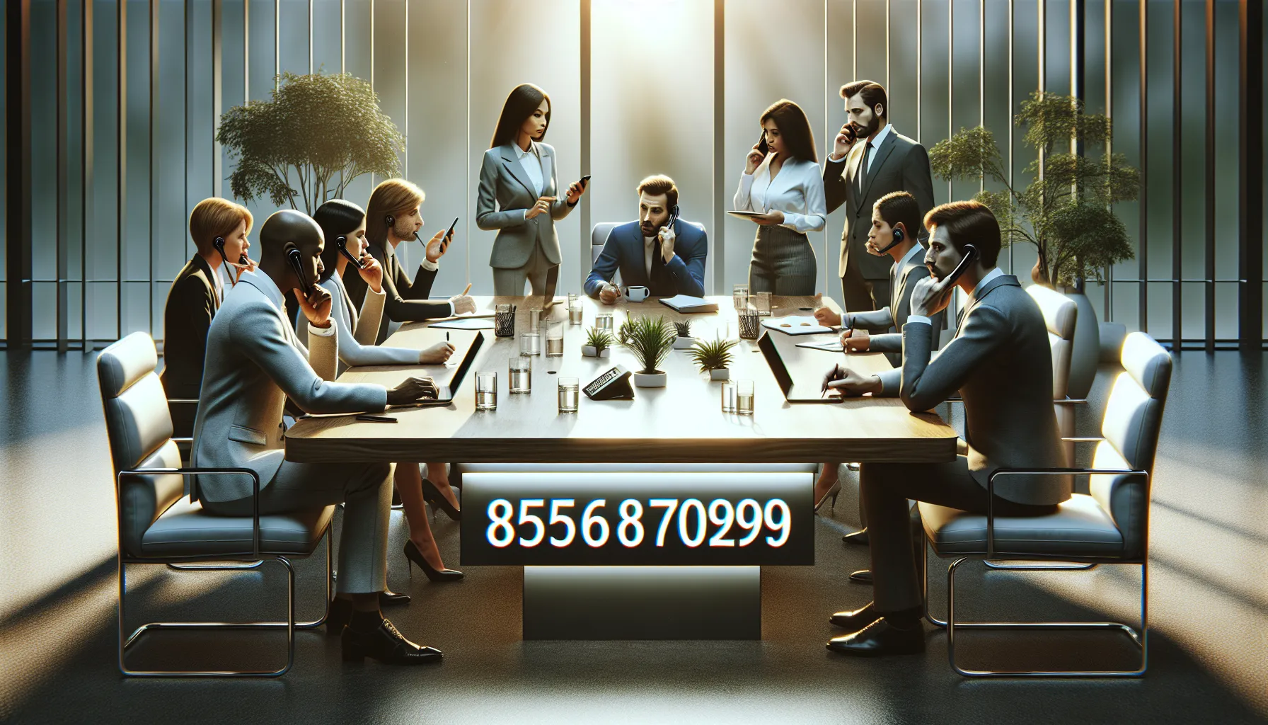 team discussing toll-free number in a modern office.