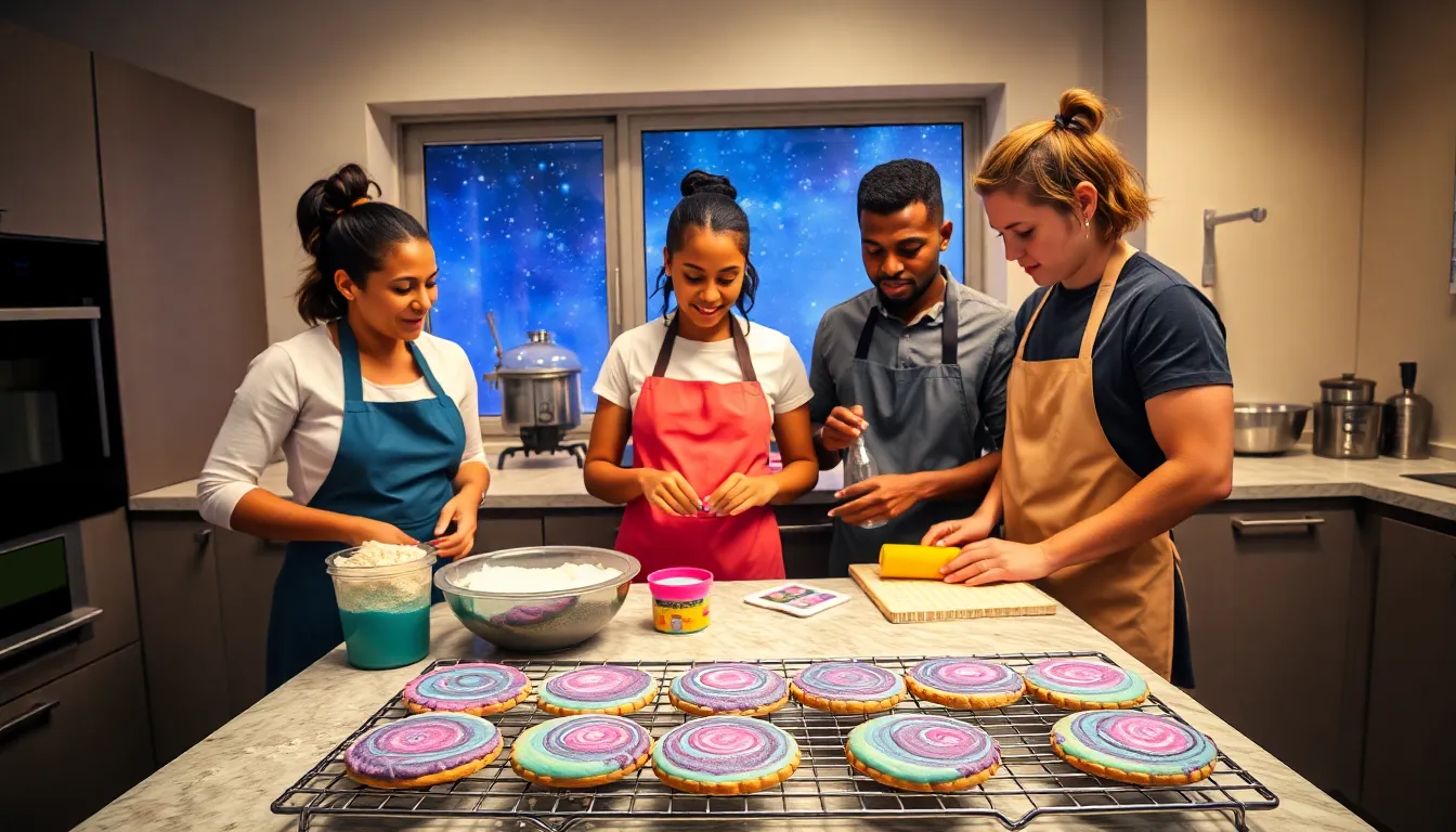 diverse bakers creating colorful cosmic cookies in a modern kitchen.