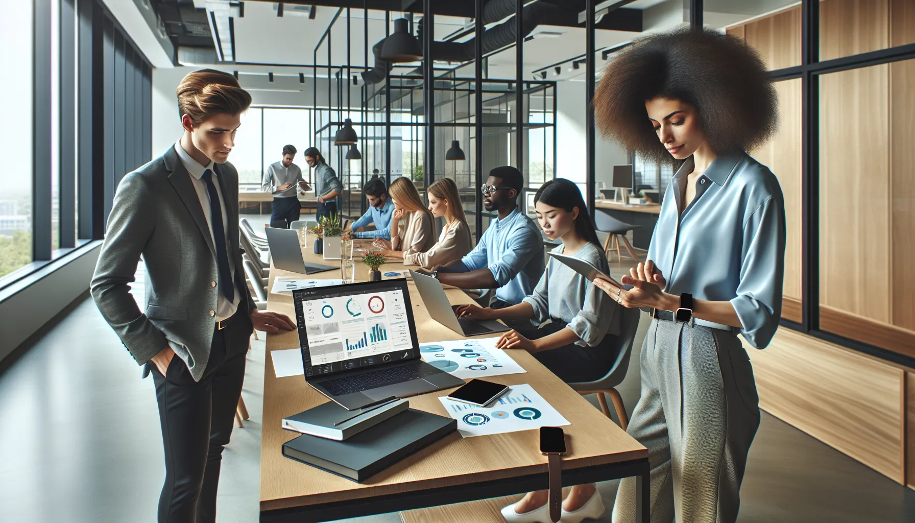 diverse professionals collaborating in a modern office setting.