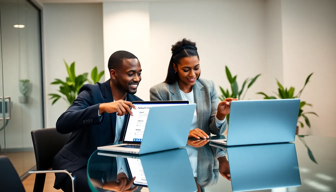 diverse professionals engaging with a digital platform in a modern office.