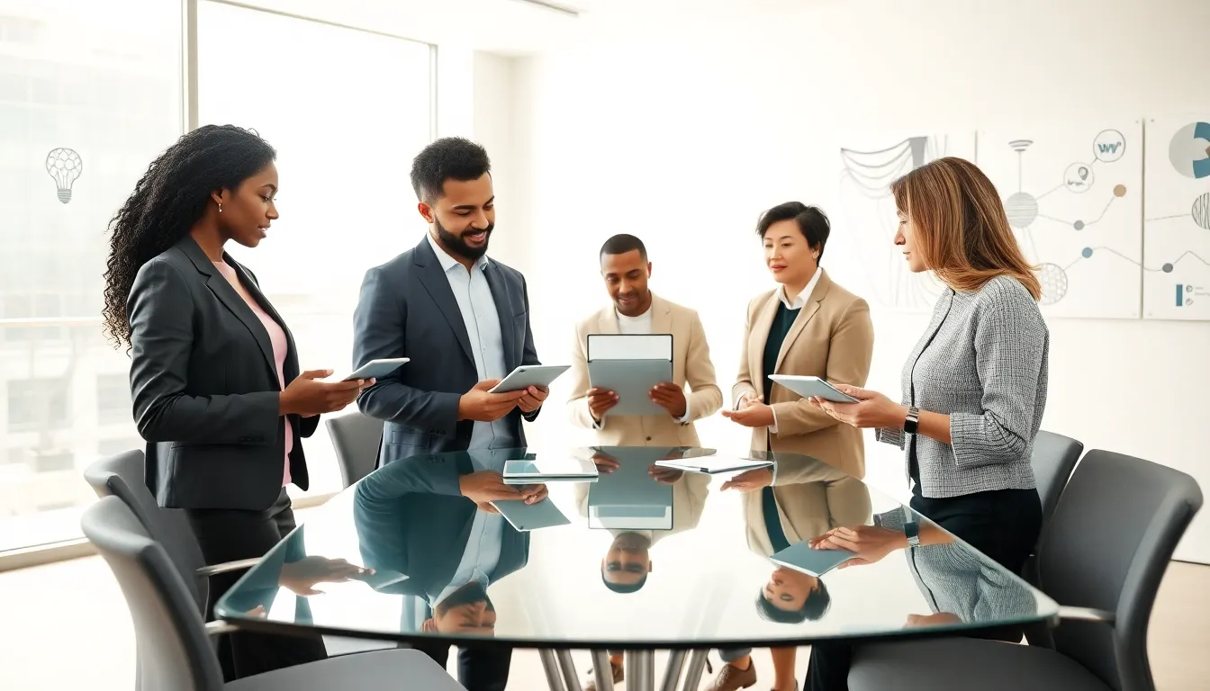 diverse team discussing complex ideas in a modern office setting.