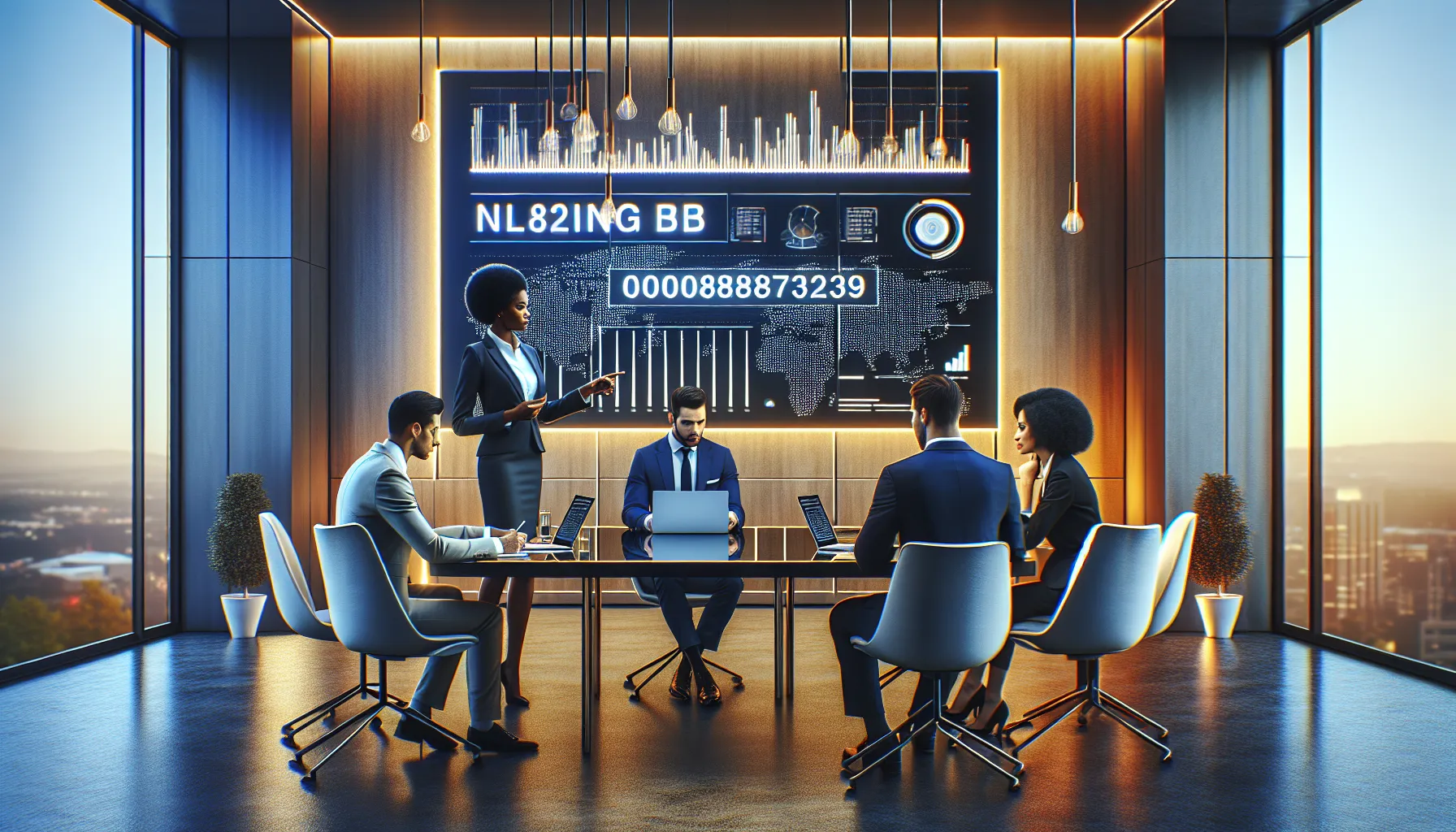 diverse team collaborating around data analytics in a modern office.