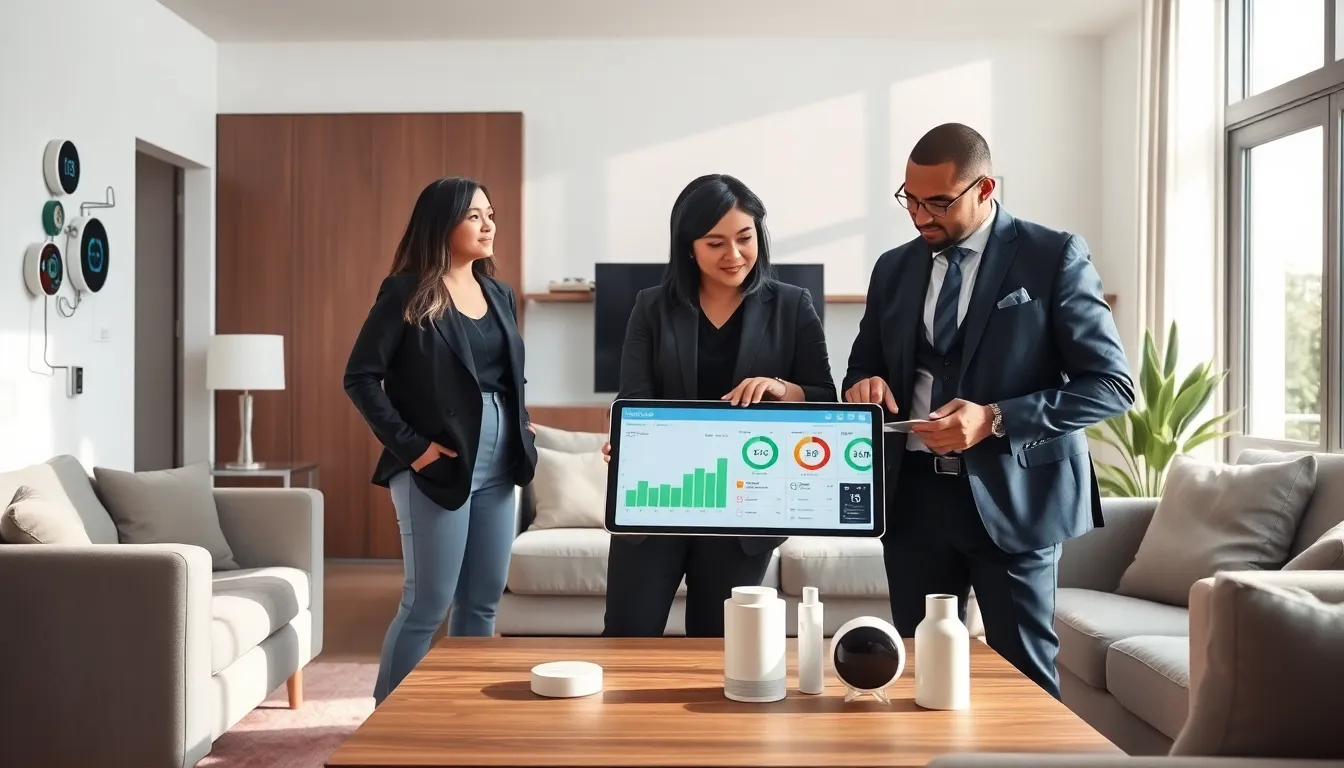 professionals discussing smart home management in a modern living room.