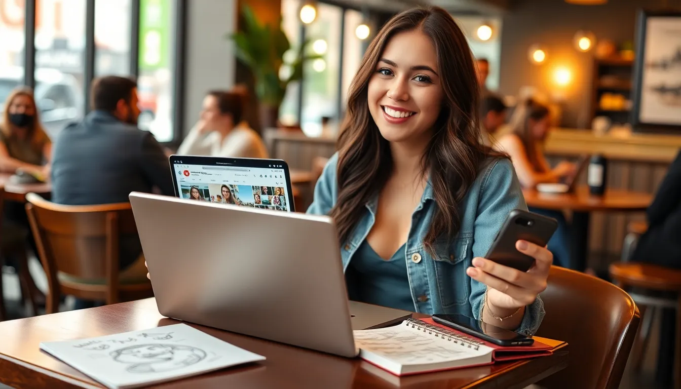 young woman at a cafe, engaging with her laptop and smartphone.