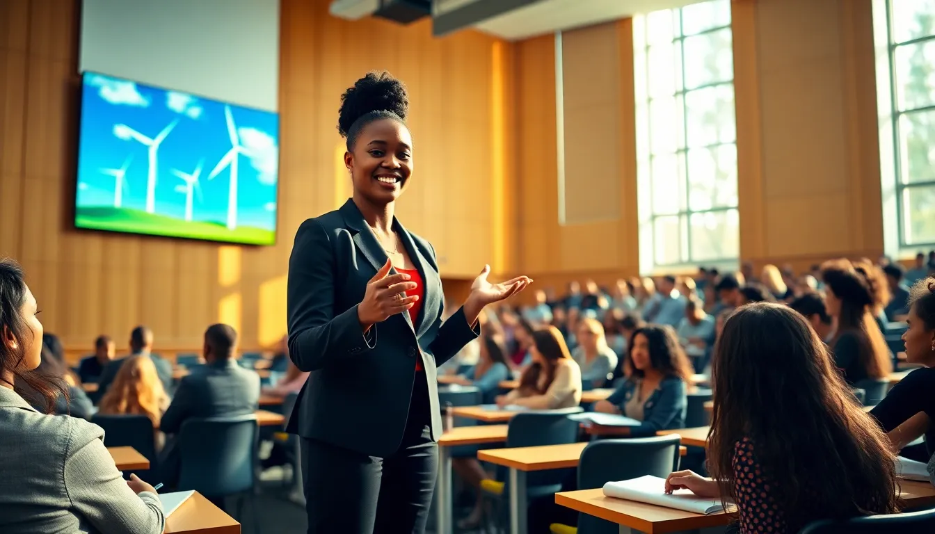Peggy L. Carlton presenting renewable energy concepts in a university lecture hall.