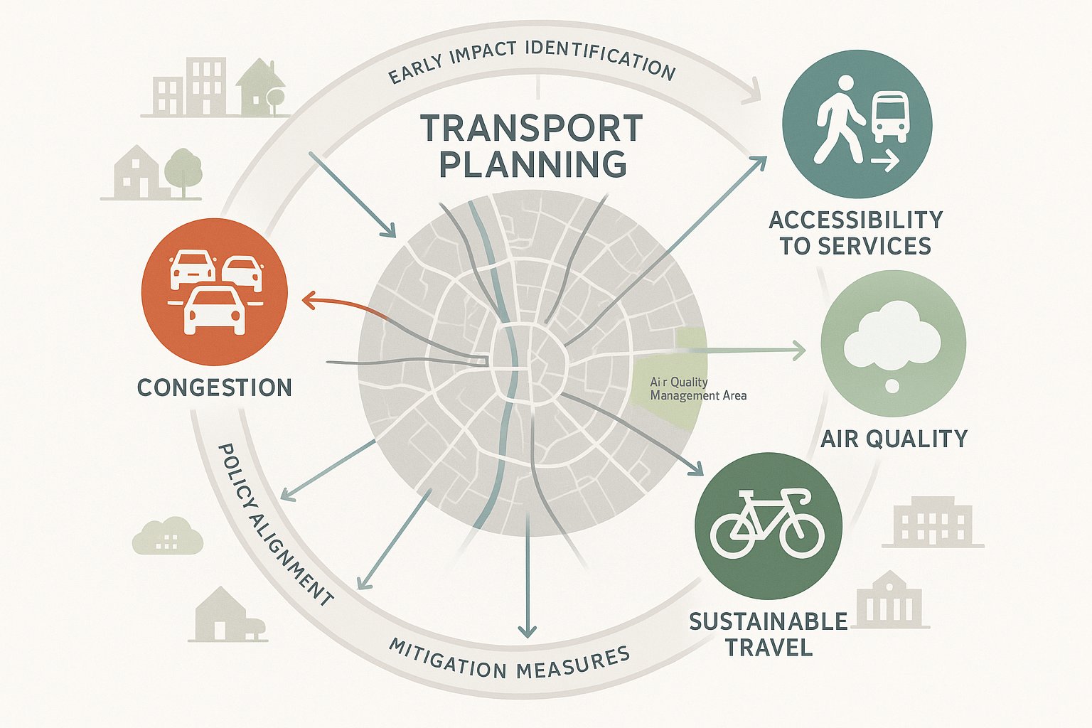 Infographic showing key transport planning factors affecting development in Worcester.