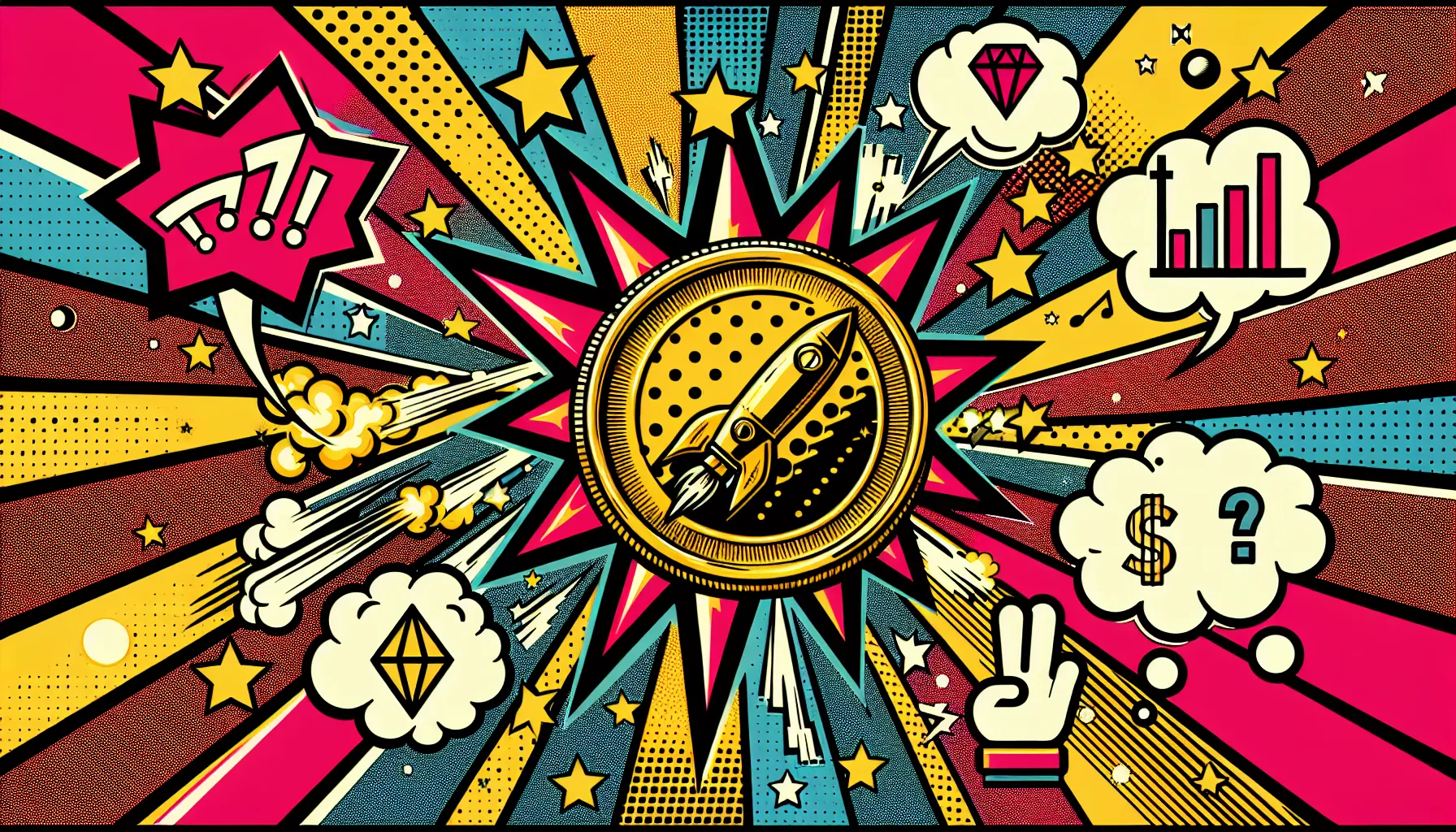 Rocket blasting through golden meme coin with dog face in bold pop art style.