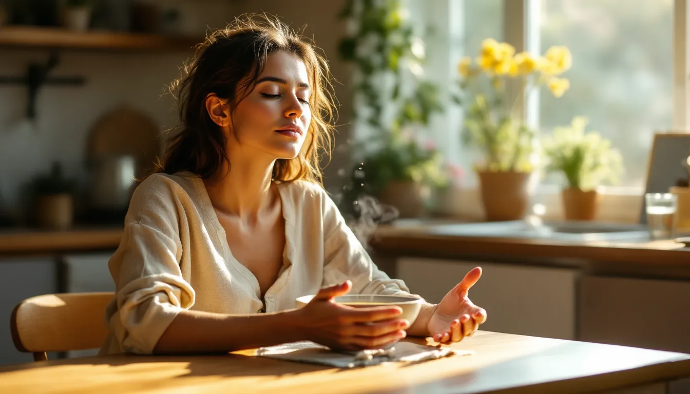 Woman sitting quietly at a sunlit table, eyes closed, beside a warm bowl of soup.