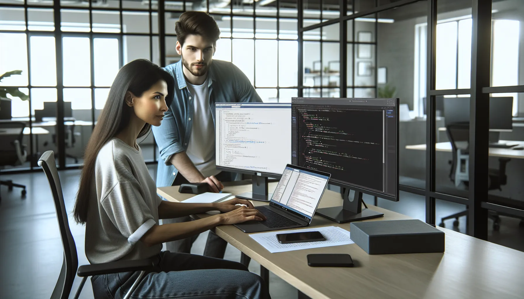 developer troubleshooting a Python software issue in a modern office.