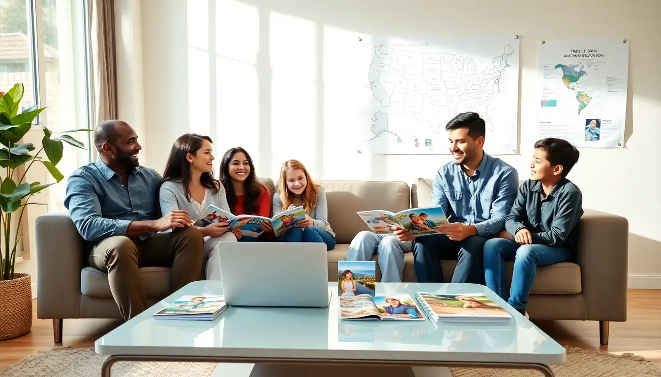 family discussing vacation plans in a cozy living room.