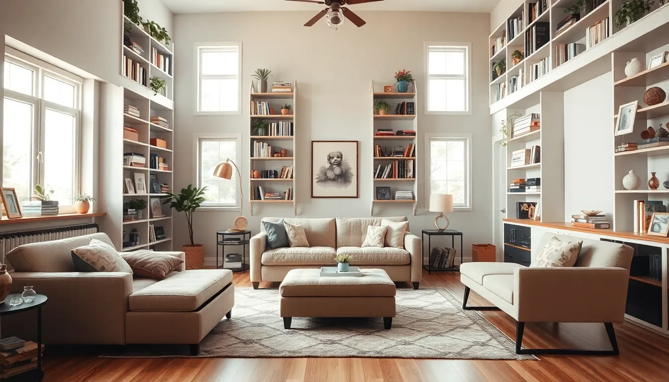 cozy living room with creative storage solutions and multi-functional furniture.