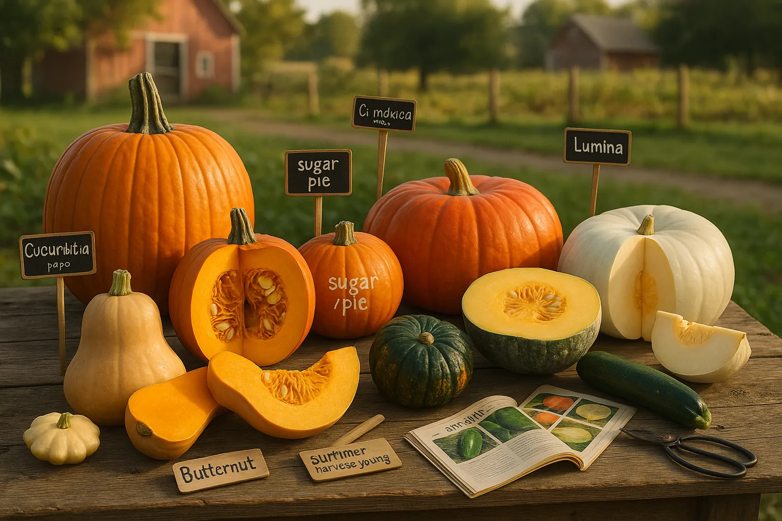 assorted pumpkins and squash on a farmstand with labels and cut cross-sections