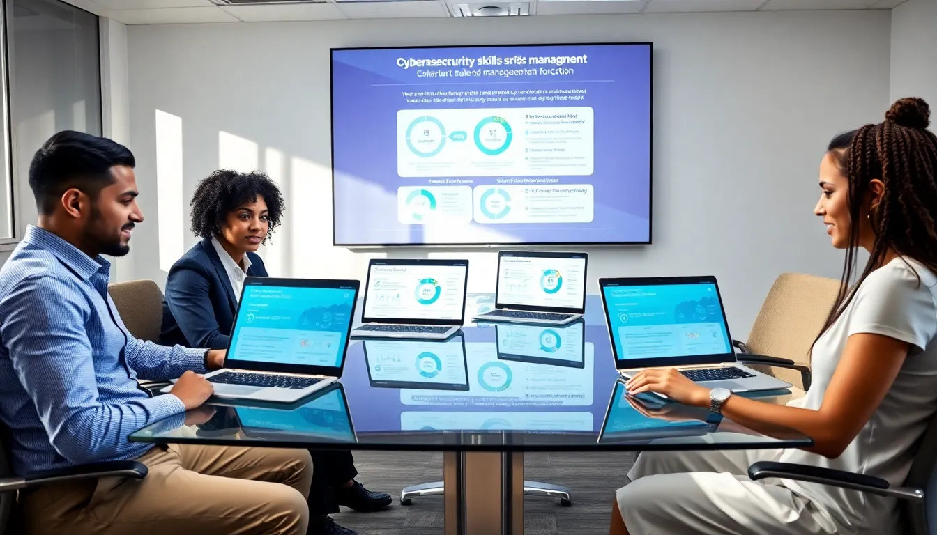 diverse team collaborating on cybersecurity training in a modern office.