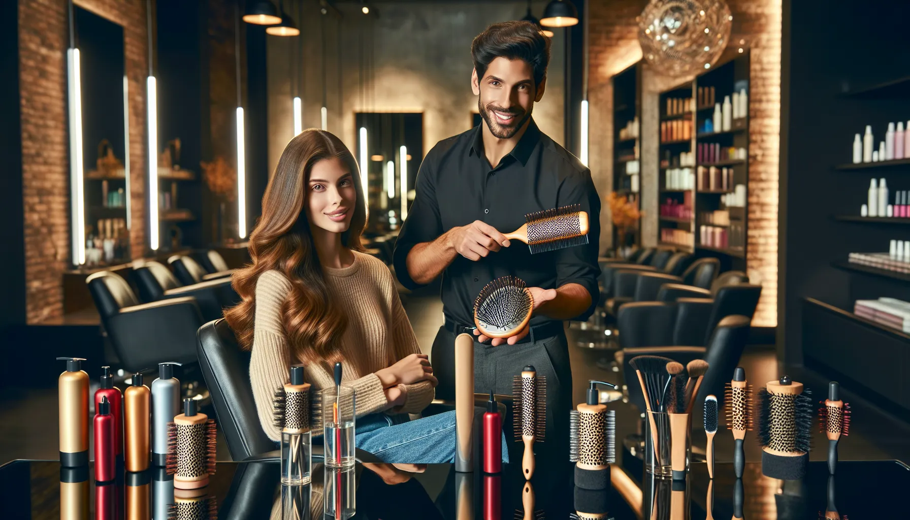 stylish salon with a hairstylist showing hairbrush options to a client.
