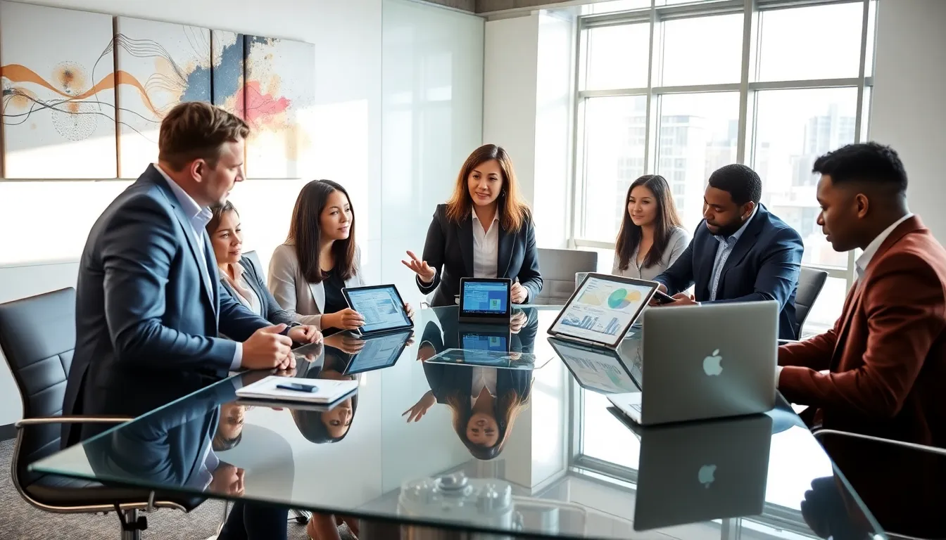 diverse professionals collaborating in a modern office setting.