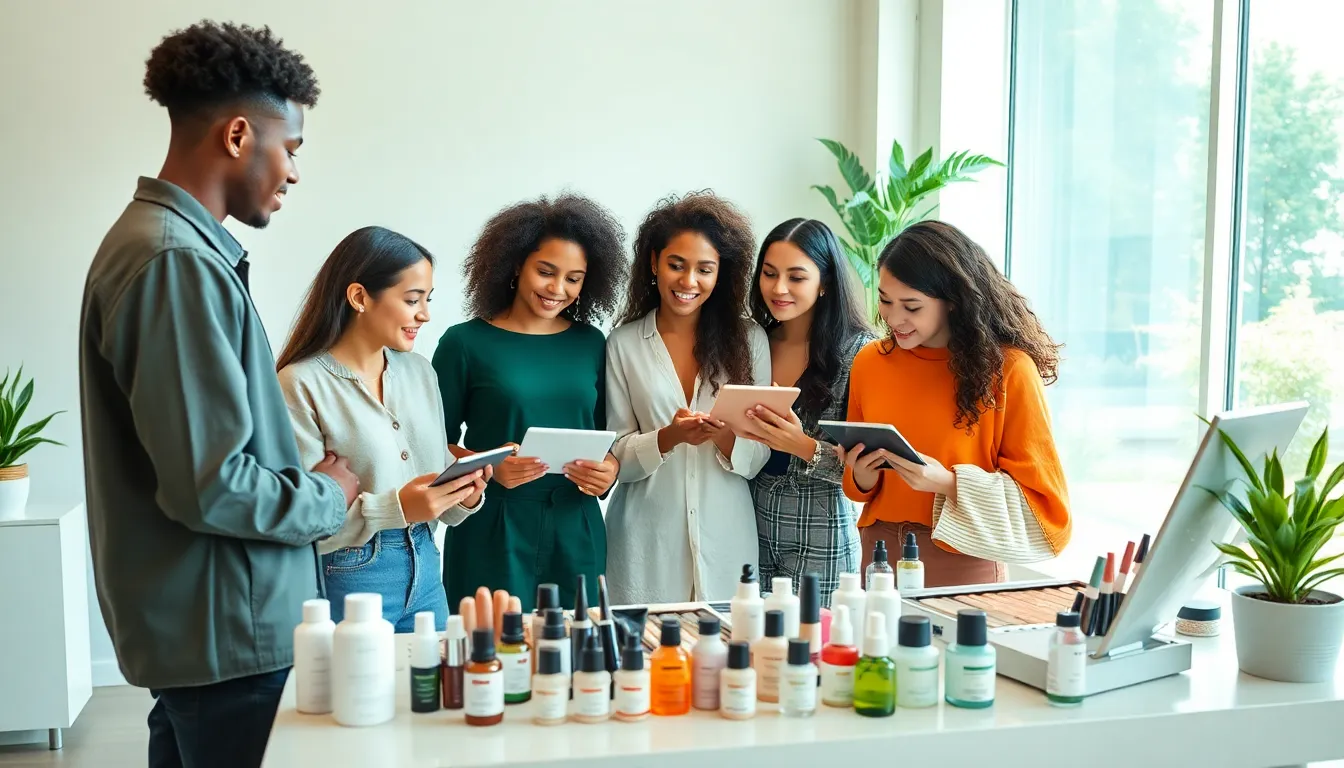 diverse Gen Z team discussing sustainable beauty products in a bright studio.