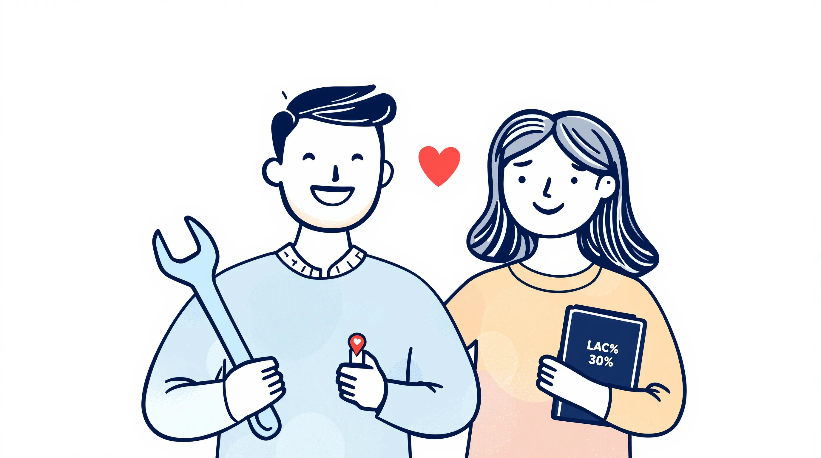 two simple parent figures holding symbols for family jokes and love