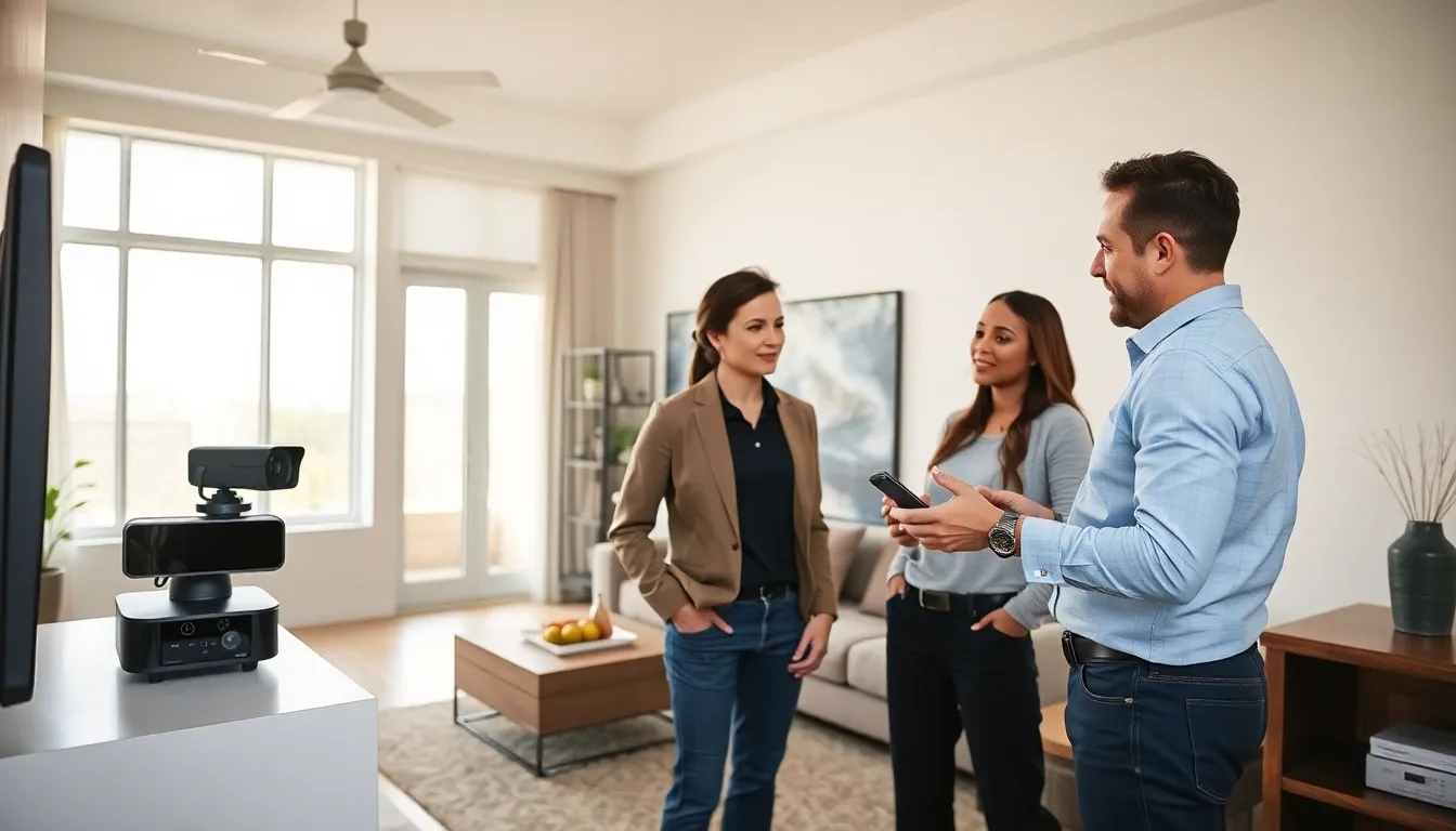 home security technician showing a system to a couple in a modern living room.