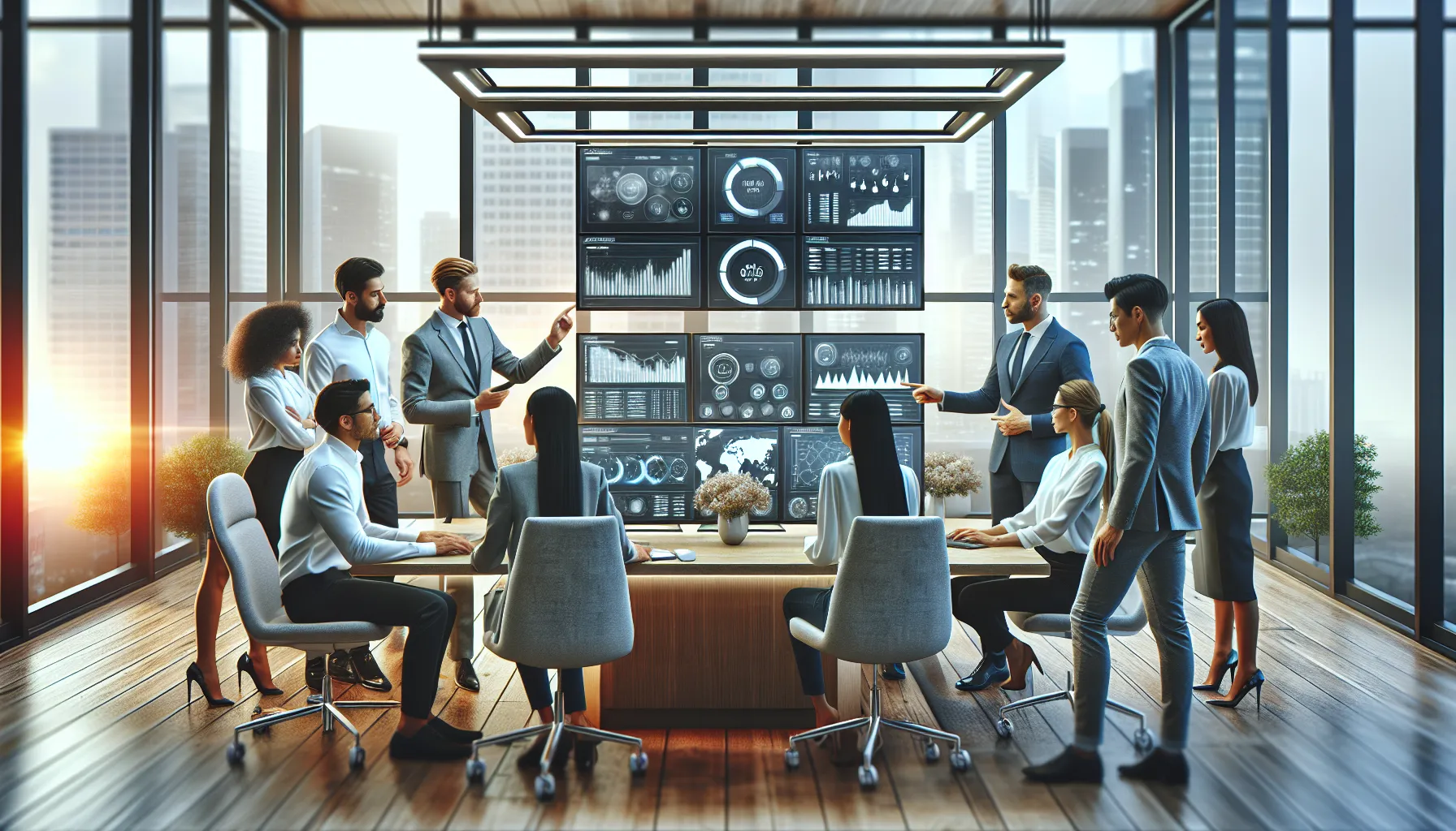 diverse team collaborating on advanced tech in a modern office.