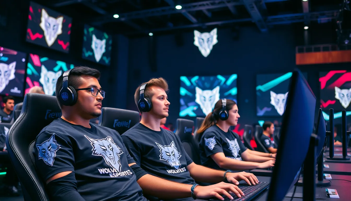 Competitive esports team focused on their games in a modern arena.