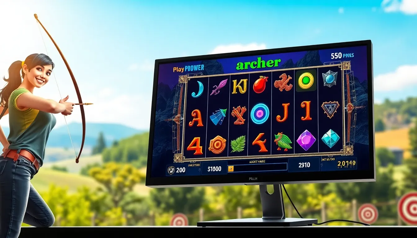 a gamer excitedly engaging with the LotsOfPower Play Archer Slot game on a computer.
