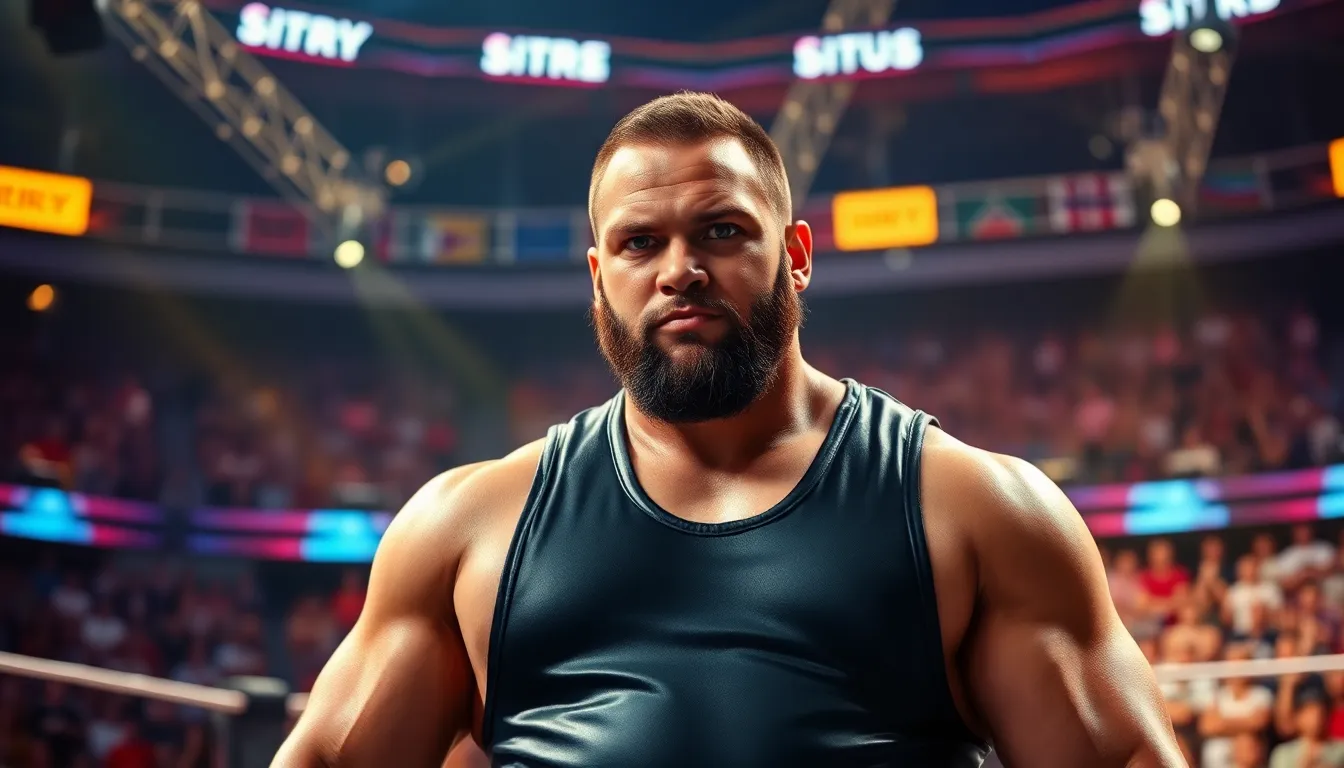 Mark Henry in wrestling gear, showcasing strength in a vibrant arena.