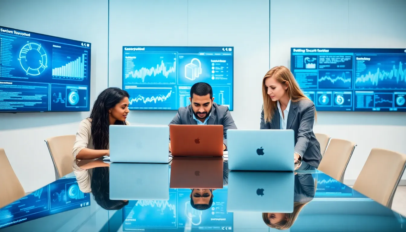 diverse cybersecurity team collaborating in a modern office.